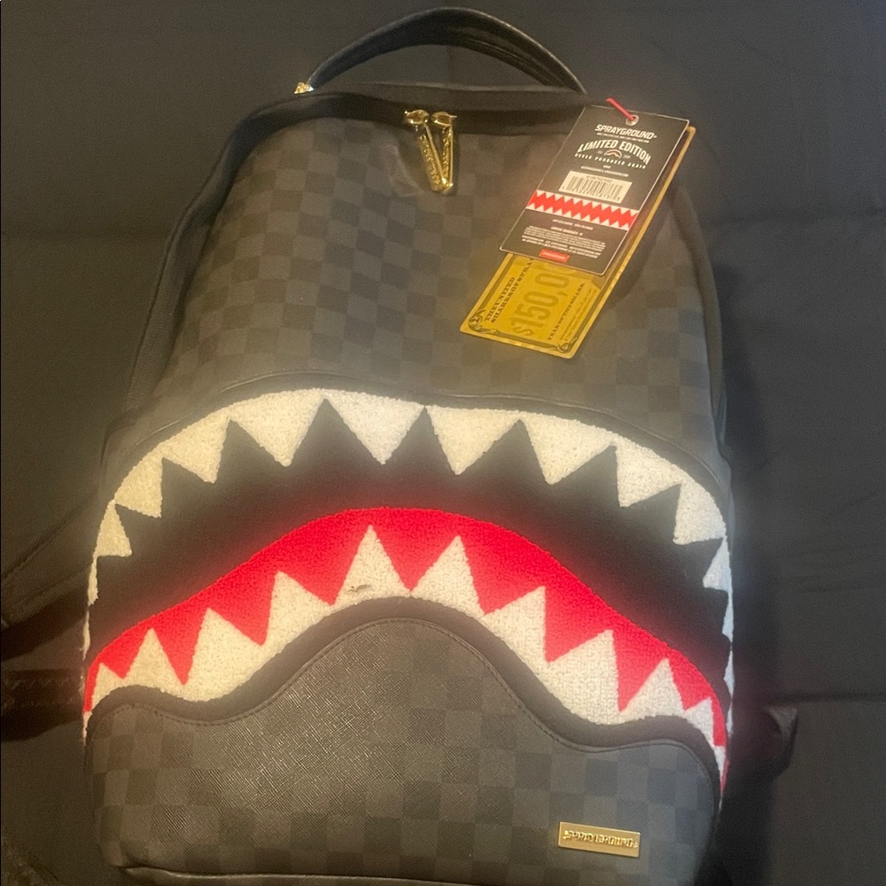 Sprayground Checkered Shark Backpack in Black and Red